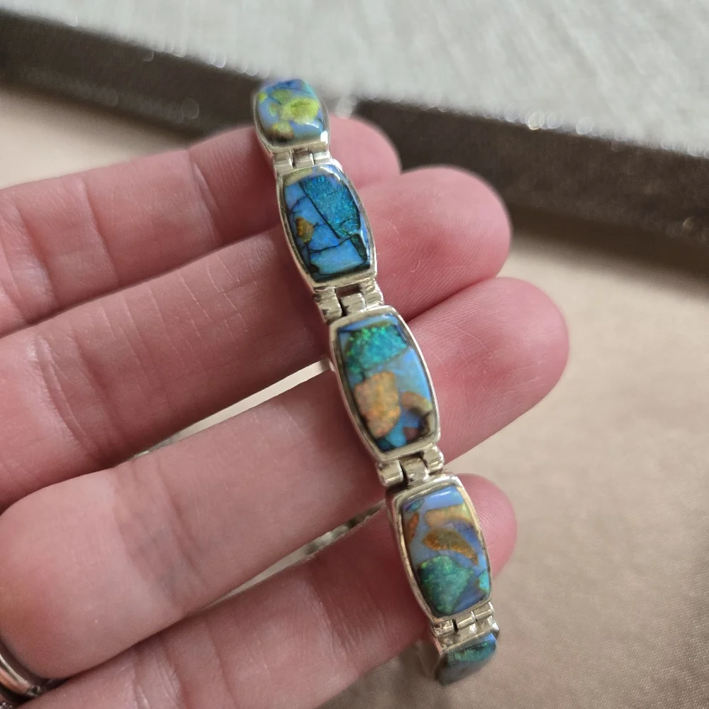 Vintage Navajo Calvin Begay Sterling Opal Bracelet - Picture 5 of 12